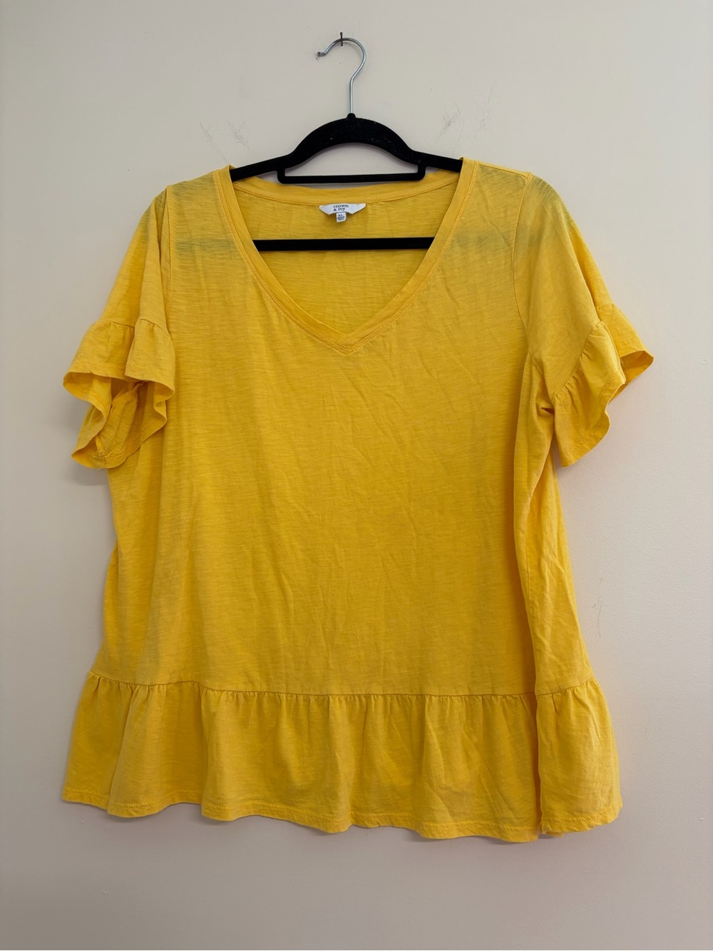 Crown & Ivy Bright Yellow V-Neck Ruffle Sleeve Women's Top